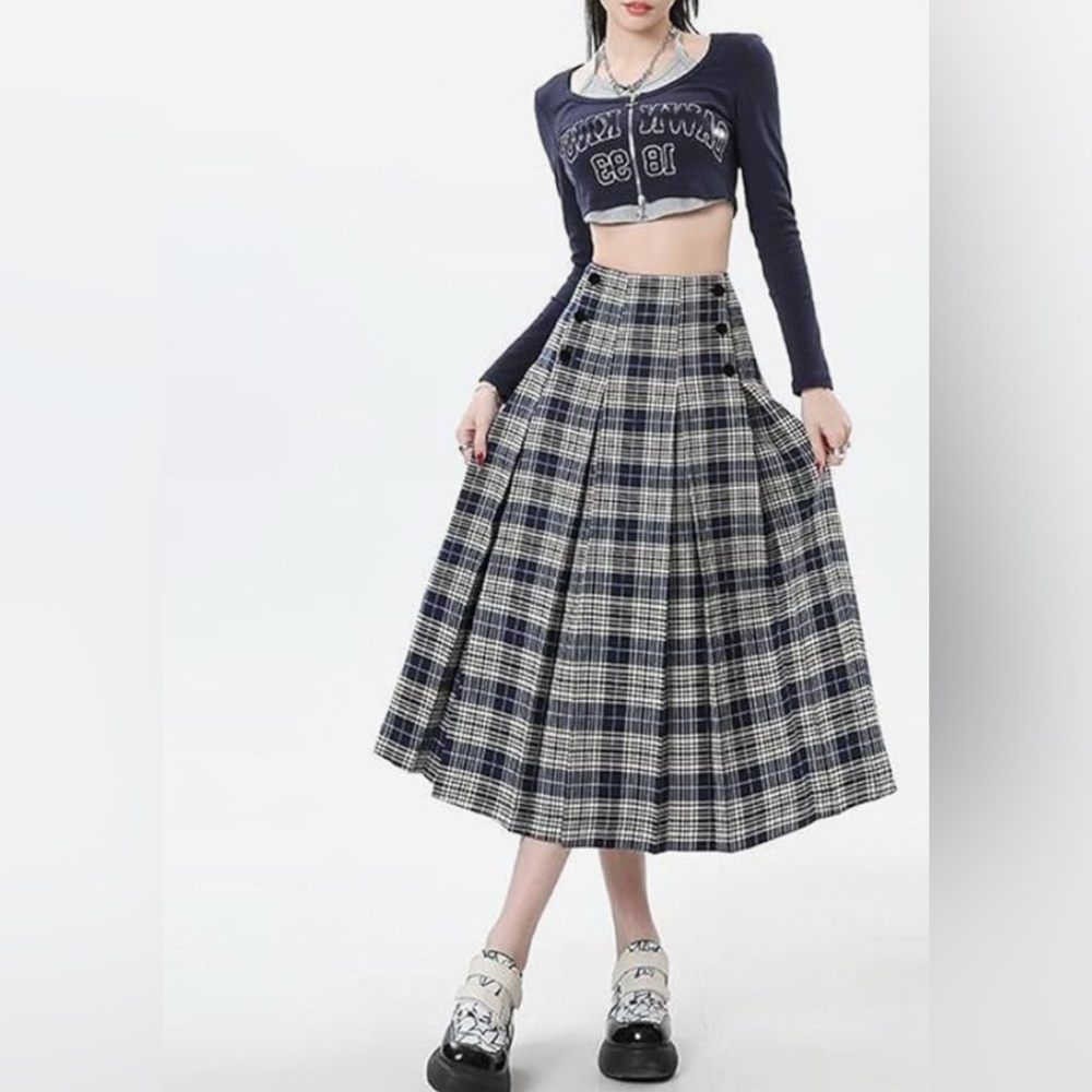 Korean Retro Women's High Waisted Pleated A-line Long Skirt - Picture 2 of 13
